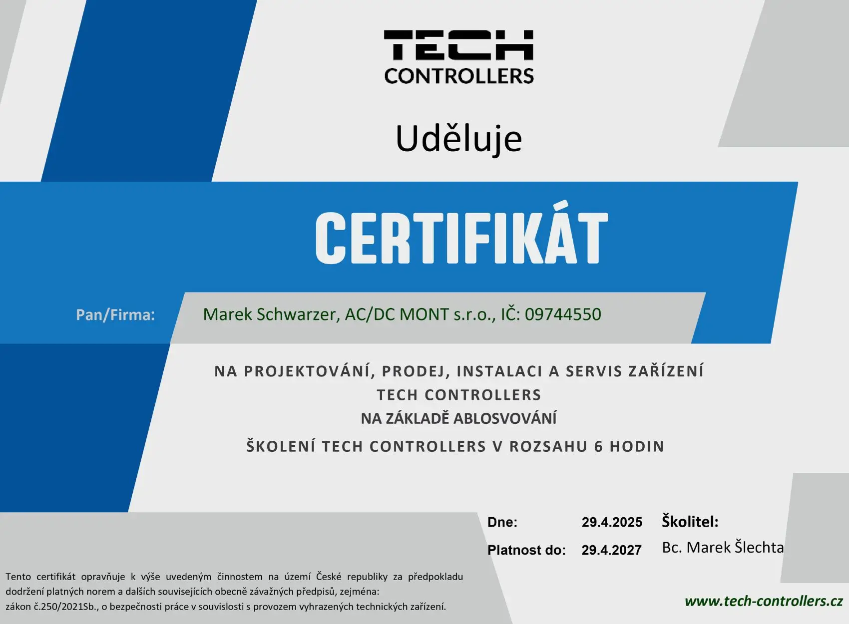 Certifikát TechControllers