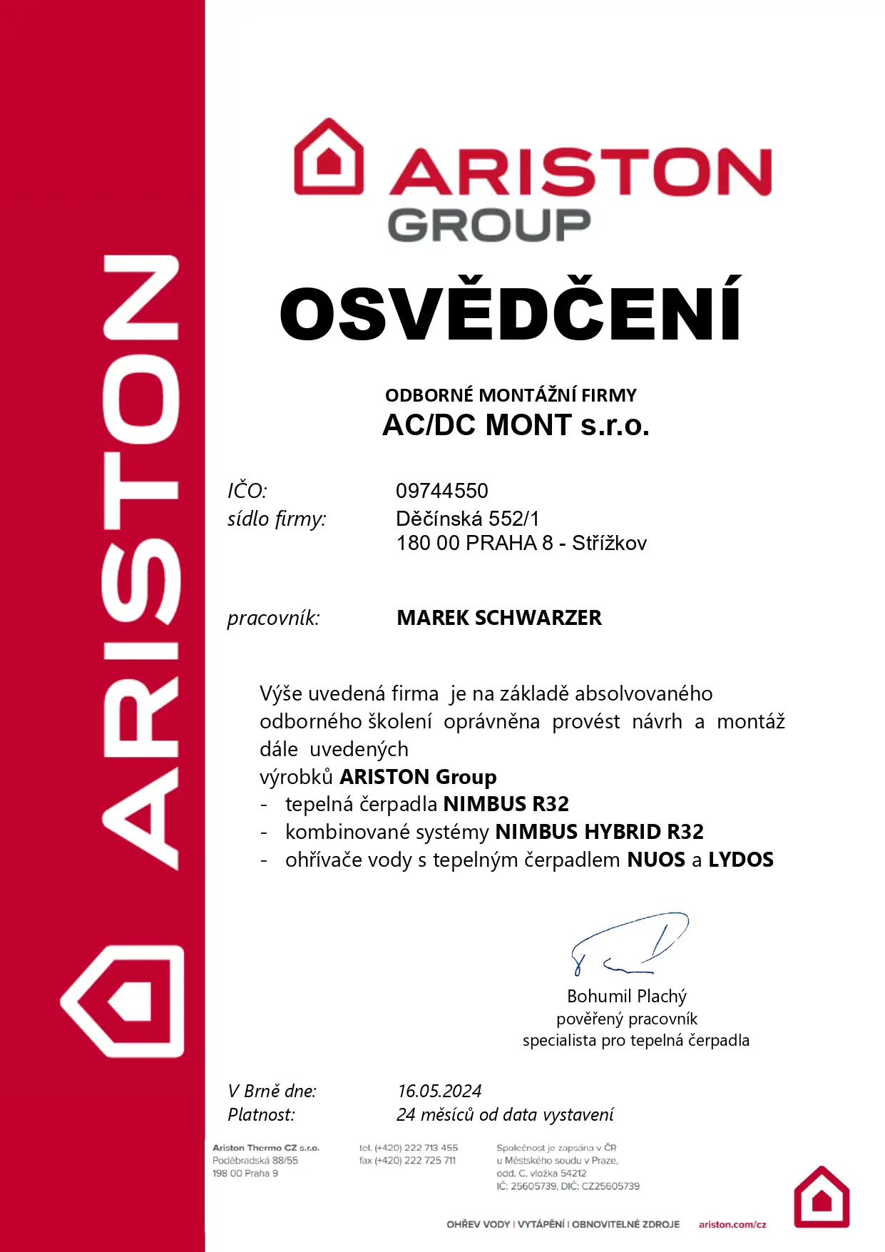 Certifikát Ariston