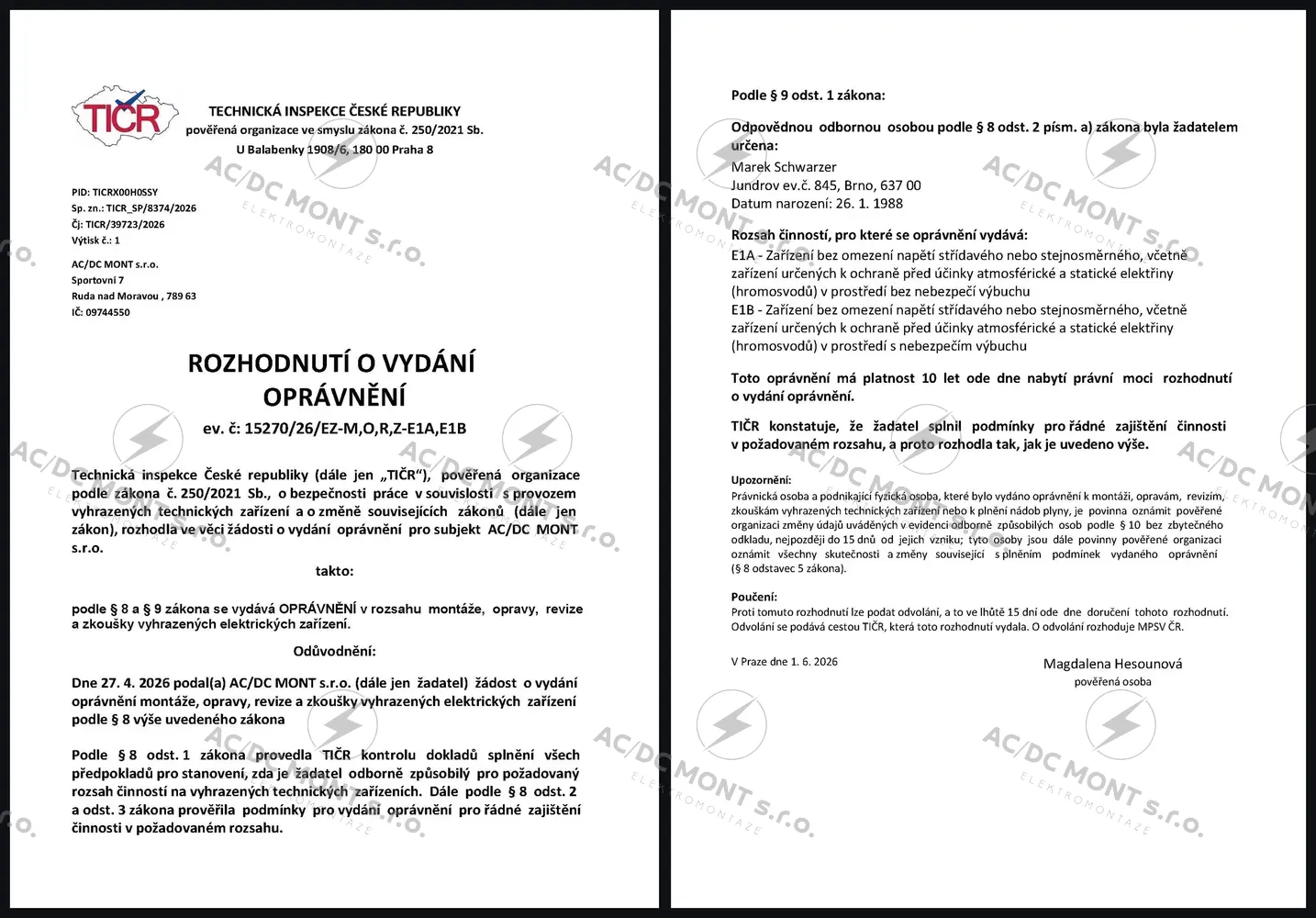 TIČR – oprávnění AC/DC MONT s.r.o.