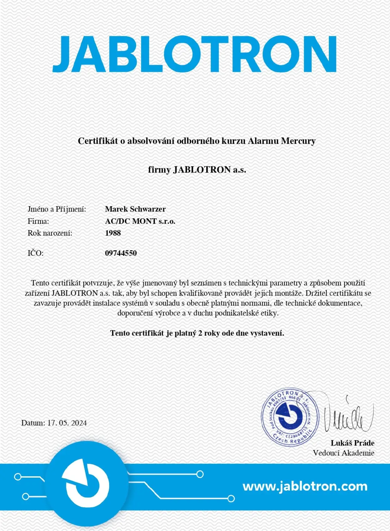 Certifikát Jablotron