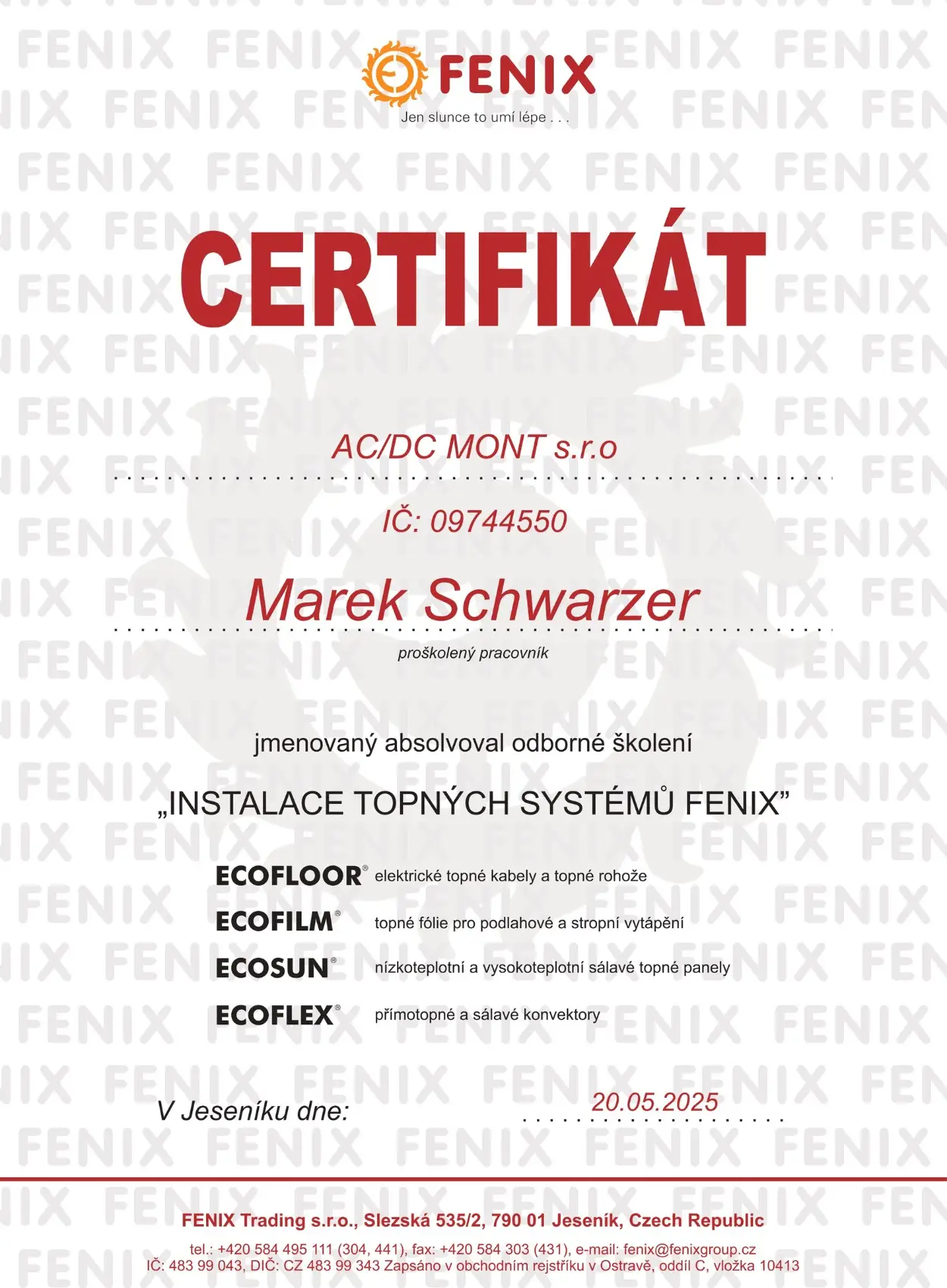 Certifikát Fenix