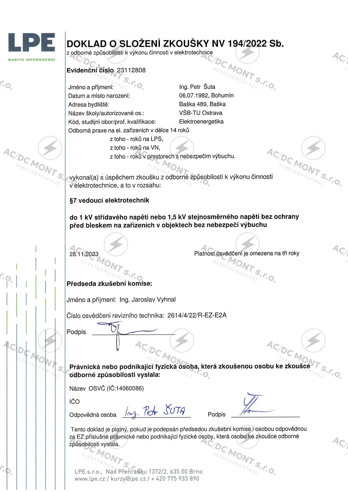 Doklad o složení zkoušky NV 194/2022 – vedoucí elektrotechnik, Ing. Petr Šuta