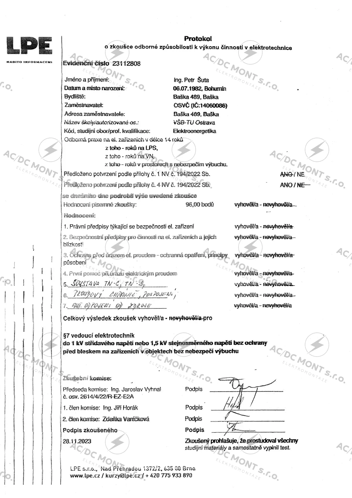 Protokol o zkoušce odborné způsobilosti NV 194/2022 – Ing. Petr Šuta
