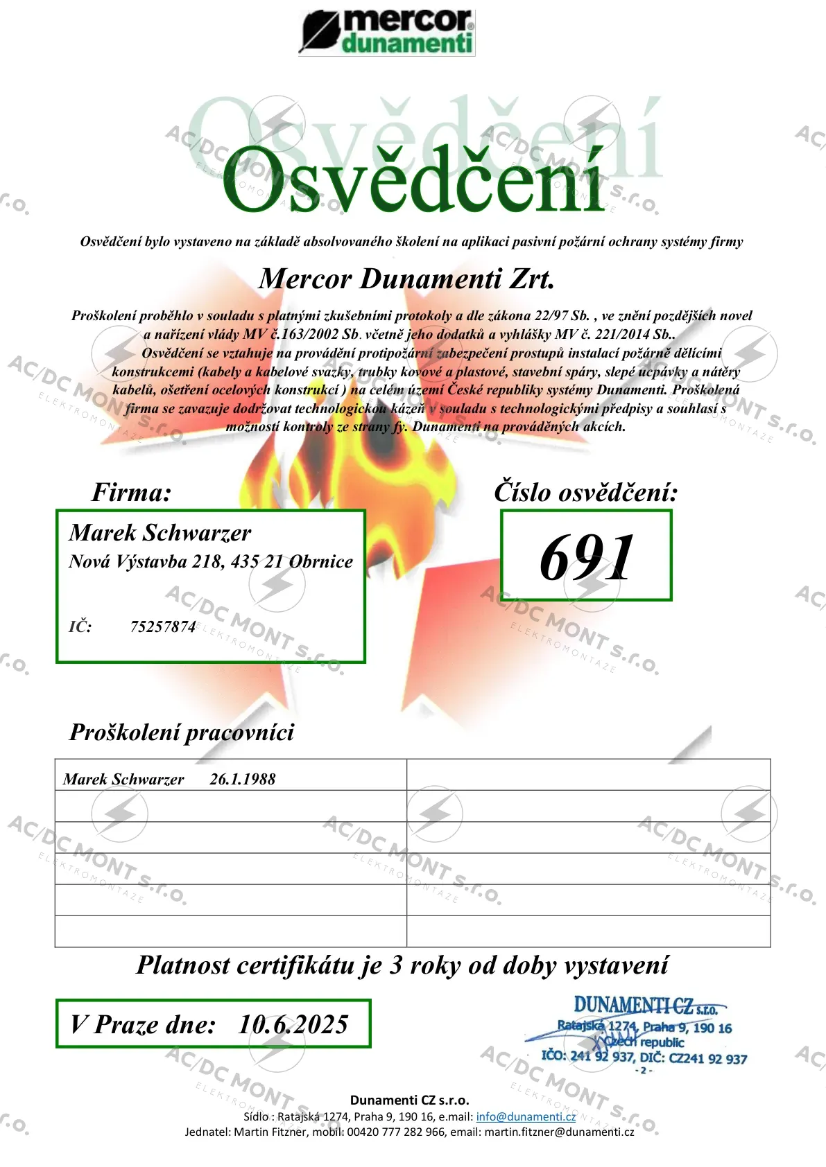 Osvědčení Dunamenti – pasivní požární ochrana