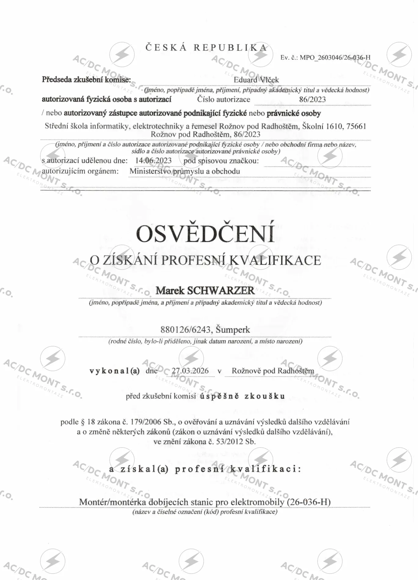 Osvědčení – Montér dobíjecích stanic
